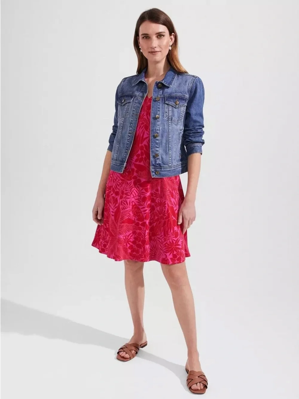 Hobbs Ann Floral Bird Jersey Dress Red Pink Short Sleeve Fit & Flare Size 12 - Picture 1 of 13